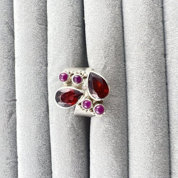 Sajen Ring Sterling Silver Garnet Bypass Adjustable 925 Red Pink Size 7 - 10 - Picture 4 of 11